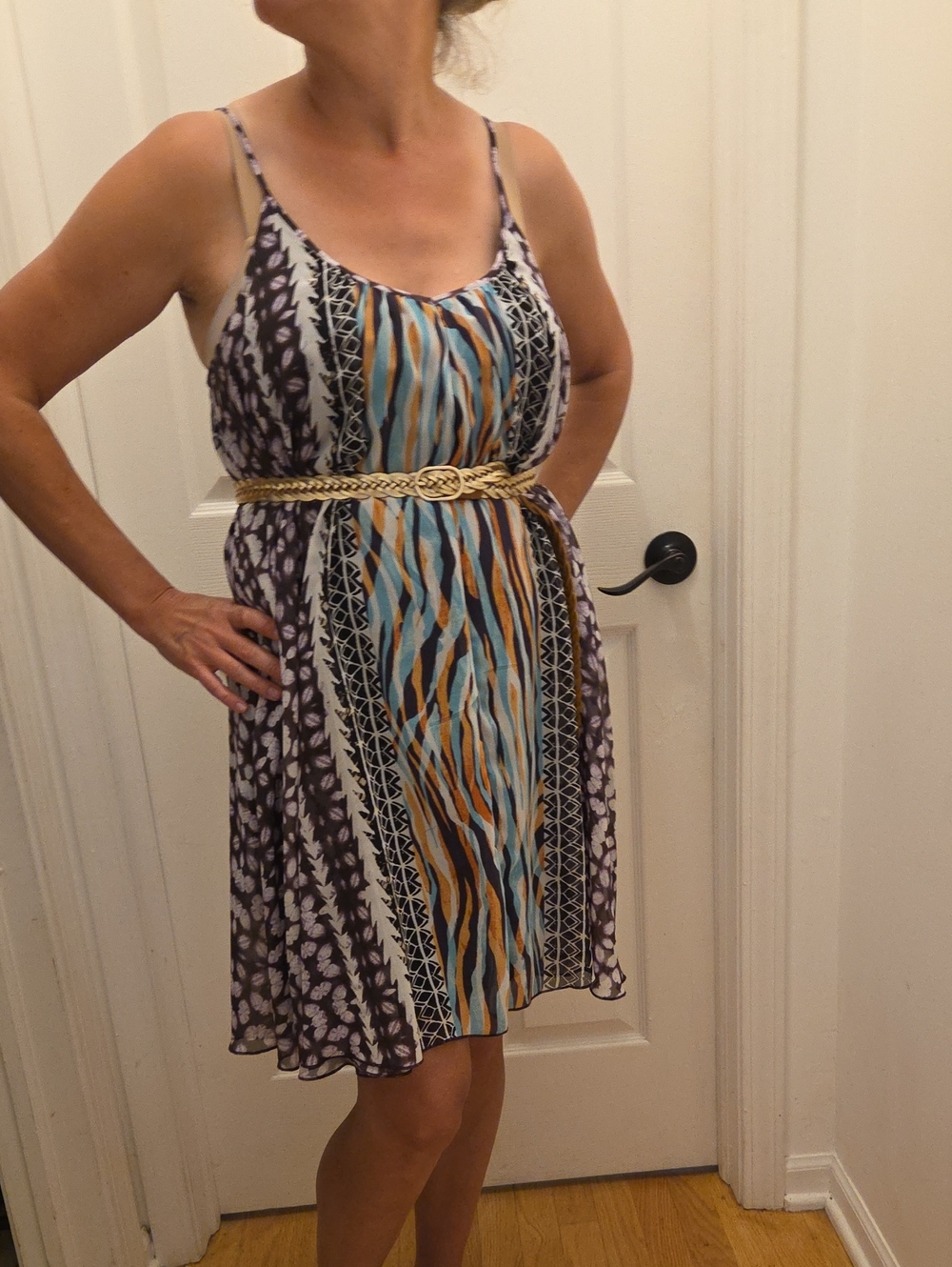 Striped & Floral Spaghetti Strap Summer Dress in Blue and Brown